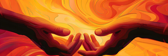 Canvas Print - hands open wide, silhouette. The fiery hues (reds, oranges, and golds). 