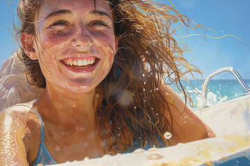 Wall Mural - A girl with long hair is smiling and sitting on a white raft in the ocean