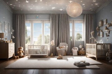 Poster - a baby's nighttime bedroom as moonlight streams through the windows, casting gentle shadows across the front of the room, creating a serene and comforting atmosphere.