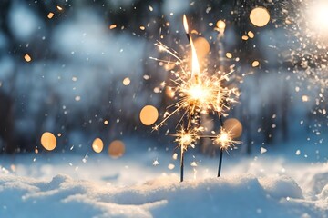 Wall Mural - two burning sparklers in snow, party together concept banner background with copy space for happy new year or merry christmas or other festive holiday events