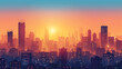 Vector art summer skyline of the capital city at sunset, skyscrapers with glowing windows, glowing air, sunny gradient background