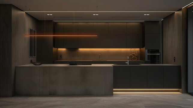 During the night, modern kitchen with a minimalist design and high-end materials like concrete and glass is lit by LED strips. Basic kitchen utensils made of premium materials complement the kitchen.