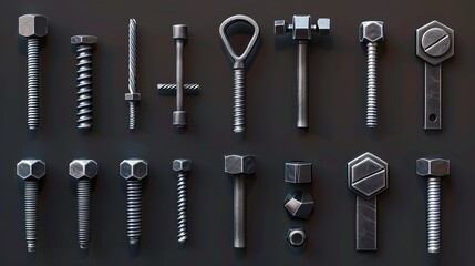 Wall Mural - Bolts, nuts, and nails set. A collection of different iron screws.