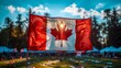 Vibrant Canadian flag flutters in focus against a blurred festival backdrop, embodying national pride during a sunny outdoor gathering.n culture.