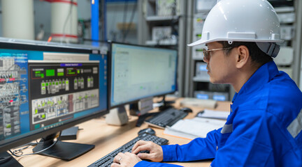 Engineer working at control room,Manager control system,Technician man monitoring program from a lot of monitor