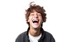 A young man joyfully laughing and making a hilarious face