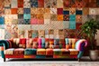Colorful patchwork sofa against stucco wall with copy space. Eclectic, moroccan home interior design of modern living room.