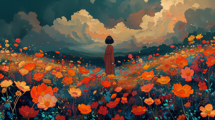 Wall Mural - abstract background of a woman in a field of flowers