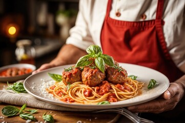 Sticker - Italian Culinary Mastery: A Chef Proudly Presents a Plate of Meatballs with Pasta, Bolognese Sauce, Fresh Basil, and Ripe Tomatoes, Showcasing the Essence of Authentic Italian Cuisine.

