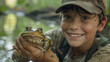 Boy holding a frog outdoors