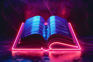 Poster - Open book with futuristic technology. Colorful lights  neon background.