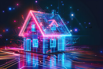 Canvas Print - House with futuristic network connection technology in colorful neon background.