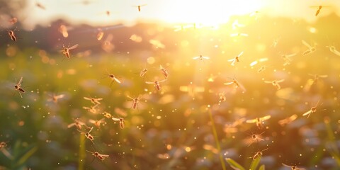 A field of grass is filled with flying insects