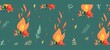 Camping fire pattern, bonfires and bows arrows on a dark blue background