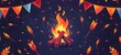 Camping fire pattern, bonfires and bows arrows on a dark blue background