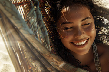 Wall Mural - A woman is smiling and laying on a hammock