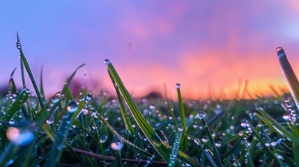 Canvas Print - Crisp morning dew on grass against a dawn sky, showcasing the serenity of nature's awakening.