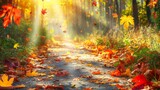 Fototapeta Natura - A serene forest path covered in autumn leaves, with sunlight filtering through the trees, creating a warm and inviting scene.