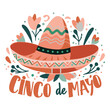 A festive sombrero is the central graphic element, surrounded by decorative foliage and flowers, with the words 