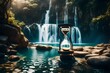A surreal landscape featuring a magical hourglass with waterfalls flowing from it, with copyspace in the cascading water