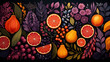 Rich tapestry of citrus flora 2D cartoon illustration. Slices of oranges, lemons, berries flat image colorful backdrop horizontal. Lush leaves, whimsical flowers wallpaper background art