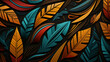 Lush tropical leaves pattern background image. Decorative feathers flat colorful illustration backdrop horizontal. Artistic flora botanicals. Nature inspired boho wallpaper art concept