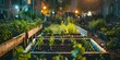 Promoting Sustainable Living: Nighttime View of Urban Community Garden with Seedlings in Raised Beds. Concept Urban Gardening, Community Thriving, Sustainable Living, Seedling Growth