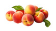 A vibrant group of peaches with lush leaves on a pristine white background