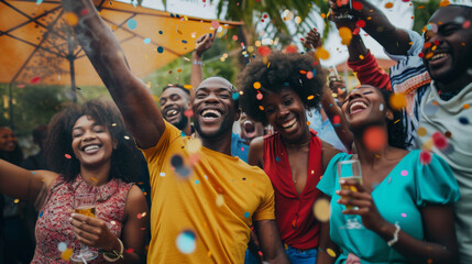 Canvas Print - A group of friends is enjoying a vibrant party with confetti and balloons.