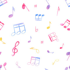 Wall Mural - Abstract music notes. Seamless pattern. Multicolored note symbols. Musical cute atmosphere. Watercolor illustration isolated on white background. For textile, package, wrapping