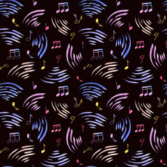 Wall Mural - Seamless pattern with abstract music waves and music notes. Multicolored note symbols. Musical cute atmosphere. Watercolor illustration isolated on black background. For textile, package, wrapping