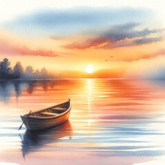 Wall Mural - Serene Sunset Watercolor - A peaceful watercolor painting depicting a boat on tranquil waters at sunset.