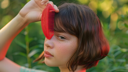 a teenage girl with short dark red hair combs her hair with a red massaging comb against the background of a green summer close-up