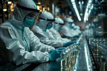 Wall Mural - Scientists and technicians in hazmat suits oversee pharmaceutical production in a modern laboratory.