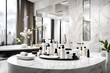 A presentation space on a white marble tabletop features toiletries in a luxurious bathroom.