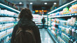 Blurred image of a young man shopping in a supermarket