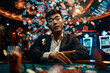 young asian man sitting at casino table with many poker chips flying around and drink, male gambling and winning, looking confident and handsome, gamble establishment concept