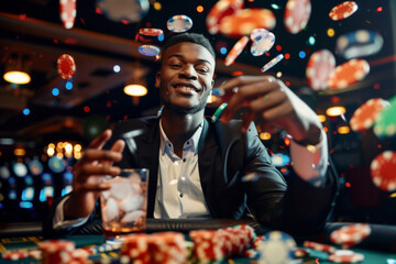 Wall Mural - young african man sitting at casino table with many poker chips flying around and drink, black male gambling and winning, looking confident and handsome, gamble establishment concept