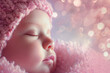 Peaceful newborn in pink hat sleeping, an embodiment of new life and dreams. Swathed in a soft pink knit, a baby sleeps in blissful serenity, outside world distant murmur compared to comfort of dreams