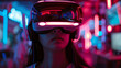 © SashaMagic - Woman wearing a VR headset with neon lighting.