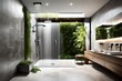Luxury eco-friendly shower featuring ceiling-mounted rain shower head in modern bathroom with lush greenery.