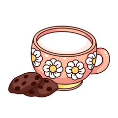 Wall Mural - Groovy cartoon cup of milk with chocolate chip cookies. Funny retro pink mug with flowers and biscuit, breakfast nutrition mascot, cartoon milk and snack sticker of 70s 80s style vector illustration