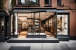 A contemporary storefront with large windows, displays, and a polished entrance