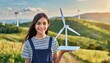  Girl with mockup of wind power generator