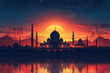 Postcard of an evening landscape for the Festival of Breaking the Fast in Islam. End of Eid al-Fitr. Mosque silhouette.