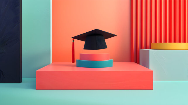 A graduation cap is floating above a podium. Concept of accomplishment and achievement, as the cap symbolizes the end of a student's academic journey and the beginning of a new chapter in their life