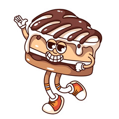 Sticker - Groovy chocolate cake slice cartoon character running with funky smile to greet. Funny retro piece of sweet dessert waving, confectionery mascot, cartoon sticker of 70s 80s style vector illustration