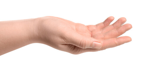 Wall Mural - woman holding something in her hand on white background, closeup