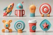 Objects in 3D realistic renders: rocket, cup, light bulb, magic wand, coins, target, megaphone, diagram. Business objects.