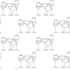 Wall Mural - Hand drawn seamless pattern vector. Cocktails wine champagne glass line continuous drawing. Drinks linear white background. Abstract print, banner, doodle, wallpaper, cartoon backdrop.